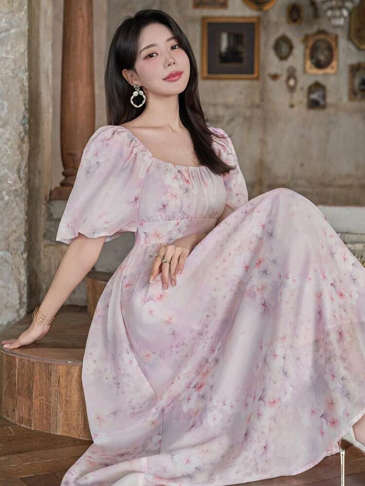 Full Floral Print Square Collar Lantern Sleeve Gathered Waist Women's Mid-Length Dress
