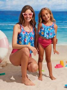 BABY SHARK X SHEIN 年轻女孩卡通鲨鱼印花暑假海滩比基尼套装 - 粉色 - 查看 6