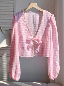 Comfortcana Camisa de mujer de manga farol con cordón, estilo casual/oficina a cuadros