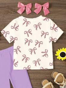 SHEIN 2pcs Set Young Girls Casual Cartoon Pattern Round Neck Short Sleeve Top And Flared Pants, Summer Set - Multicolor - View 4