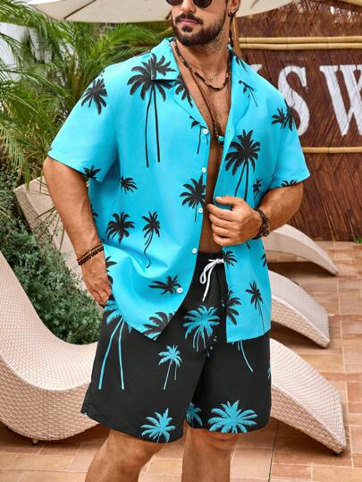 Surfspeed Plus Size Men Palm Tree Print Shirt And Shorts Beach Suit, Hawaiian Beach Shirts Plus Size Men Hawaiian Shirts For Men, Men's Hawaiian Print Shirt, Men's Beach Outfit Set, Men's Vacation Outfit Set, Men's Plus Size Vacation Set