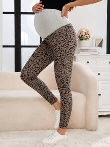 SHEIN Maternity Leopard Print Elastic Waist Adjustable Skinny Jeans - Dark Wash - View 6
