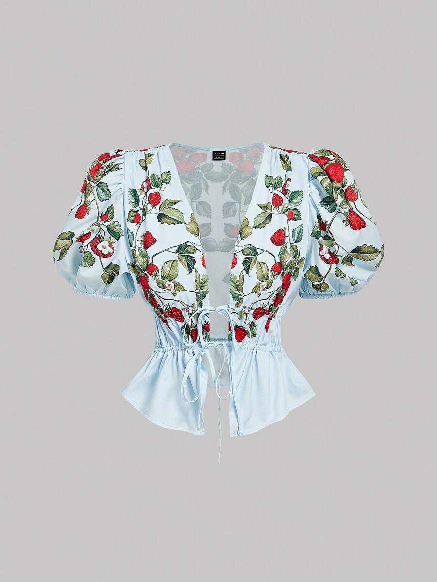 SHEIN MOD Blus Lengan Mengembang Motif Buah Stroberi dengan Hiasan Pita - Mint Blue - View 1