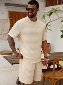 Manfinity Homme Bộ áo phông tay ngắn cổ tròn kẻ sọc cỡ lớn cho nam, mùa hè - Màu Khaki - Xem 6