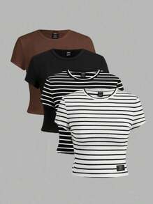 SHEIN EZwear 4pcs/Set Casual Minimalist Solid Color Versatile Round Neck Short Sleeve Fitted Cropped Women T-Shirts, Striped Fabric, Suitable For Daily Wear