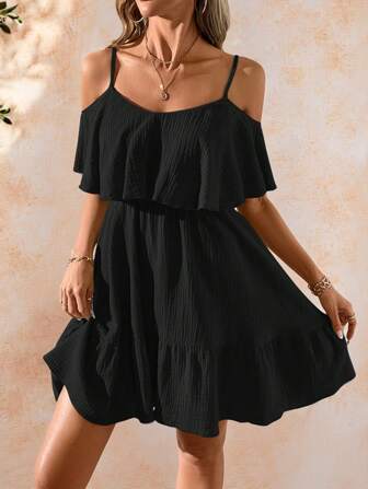 Amorya Damen elegantes, romantisches Kleid aus grünem, strukturiertem Chiffonstoff mit Rüschenbesatz an Schulter und Saum, für Frühling/Sommer Urlaub, Off-Shoulder