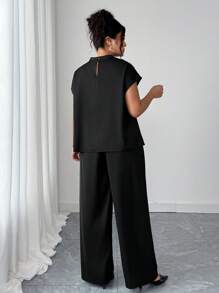 Elenzga Set de 2 piezas Talla grande Camisa informal elegante de tejido sólido sin mangas y Pantalones anchos de pierna de tejido sólido, Conjunto de ocio para mujer