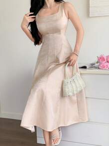 DAZY 春季长款吊带连衣裙，金色提花面料，高端质感，女士，返校季服装 - 米色 - 查看 4