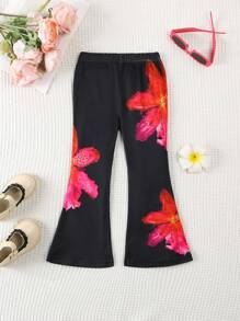 SHEIN Pantalones acampanados con estampado floral y cintura elástica negra para niñas de 4 a 7 años, moda retro de verano para uso casual/exterior/fiesta con estampado de hibisco y lirio en todo el diseño - Negro - Ver 3