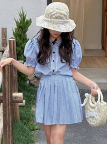 DAZY Ropa de otoño para niños: Conjunto de 2 piezas de blusa de manga corta con cuello con volantes y moño + falda plisada para niñas, conjunto elegante y casual para el regreso a la escuela
