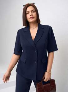 SHEIN Clasi Black Short Sleeve Open Front Pocket Plus Size Women Blazer, Elegant Business Commuter Wear In Fall/Winter - Navy Blue - View 7