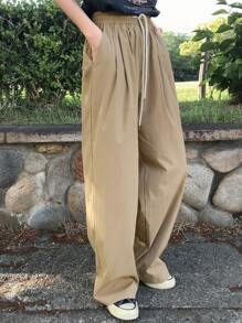 FRIFUL Women's Casual Solid Color Drawstring Waist Wide Leg Pants, Everyday Wear - Khaki - View 9