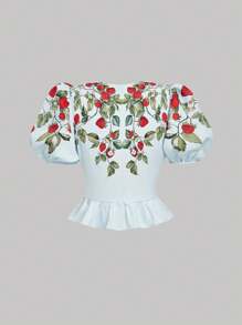 SHEIN MOD Blus Lengan Mengembang Motif Buah Stroberi dengan Hiasan Pita - Mint Blue - View 2