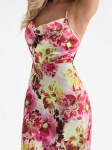 Glamine Elegant Floral Print Satin Dress,Light Green Summer Hollow Back With Tie,Casual Vacation Date Party Daily Wear Fall Women Clothes Back To School - Multicolor - View 5