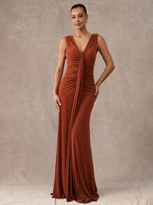 Silquee Premium Quality Summer Solid Dirty Orange Women's V-Neck Draped Hem Dress Double Layer Dress, Fashionable Summer Elegant Romantic Dress Suitable For Party, Going Out, Beach Vacation, Women's Beachwear, Beach Vacation Wear - Rust Brown - View 2