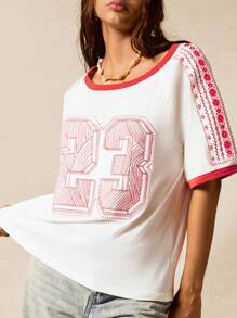 Easelle Women's Retro Casual V-Neck Oversized T-Shirt With Heavy Embroidery Applique - White - View 7