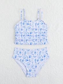 Young Girl Marine Life Print Adjustable Straps Tankini Swimsuit Set - White - View 5