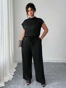 Elenzga Set de 2 piezas Talla grande Camisa informal elegante de tejido sólido sin mangas y Pantalones anchos de pierna de tejido sólido, Conjunto de ocio para mujer