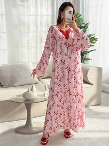 SHEIN Najma 阿拉伯迪拜优雅长袖长袍，花卉印花优雅长袍，适合节日派对，端庄 - 紅色 - 查看 7