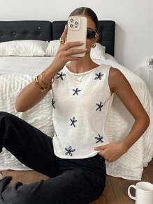 SHEIN Frenchy Women Floral Print Round Neck Casual Knit Vest,Tops For School