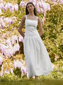 Enchnt 春夏浪漫女士优雅花卉刺绣荷叶边下摆吊带长裙，甜美优雅性感连衣裙，适合节日连衣裙、度假连衣裙、甜蜜约会、毕业季连衣裙、日常通勤、下午茶连衣裙、婚礼和花园派对，女士夏季服装，太阳裙，女士夏装，商务休闲女装 - 白色 - 查看 5