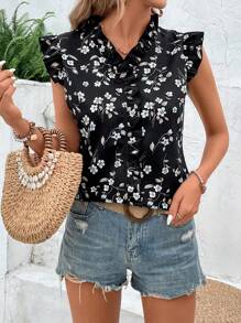 SHEIN LUNE 女士度假休闲碎花盖袖衬衫 - 黑色 - 查看 4