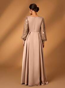 Serin Elegancka luksusowa sukienka damska z satyny z koralikami i cekinami, z rękawami w kształcie latarni, z dekoltem w serek i marszczeniami na dole w kształcie litery A, odpowiednia dla matek na wesela, imprezy, przyjęcia, wieczorne gale