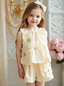 2 pezzi Set estivo da ragazza con canotta a balze con decorazione floreale a 5 stelle e pantaloncini, completo casual e carino - Albicocca - Visualizzare 1