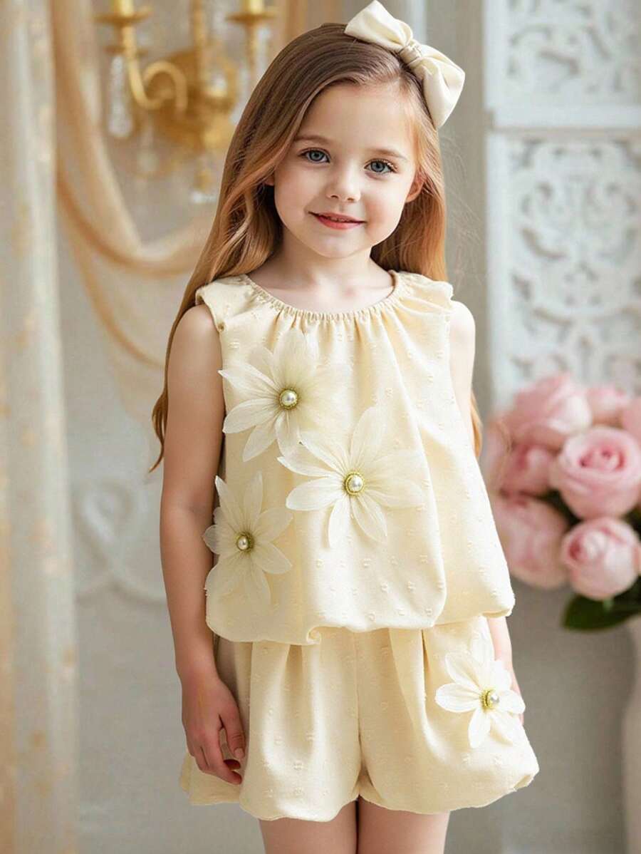 2 pezzi Set estivo da ragazza con canotta a balze con decorazione floreale a 5 stelle e pantaloncini, completo casual e carino - Albicocca - Visualizzare 1