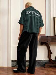 Manfinity Unisex Standard Size Men's Fashion Casual Green & White Striped Short Sleeve Loose Fit Shirt With English Embroidery, School - Dark Green - View 10