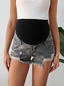 SHEIN Maternity Ripped Frayed Edge Casual Versatile Denim Shorts