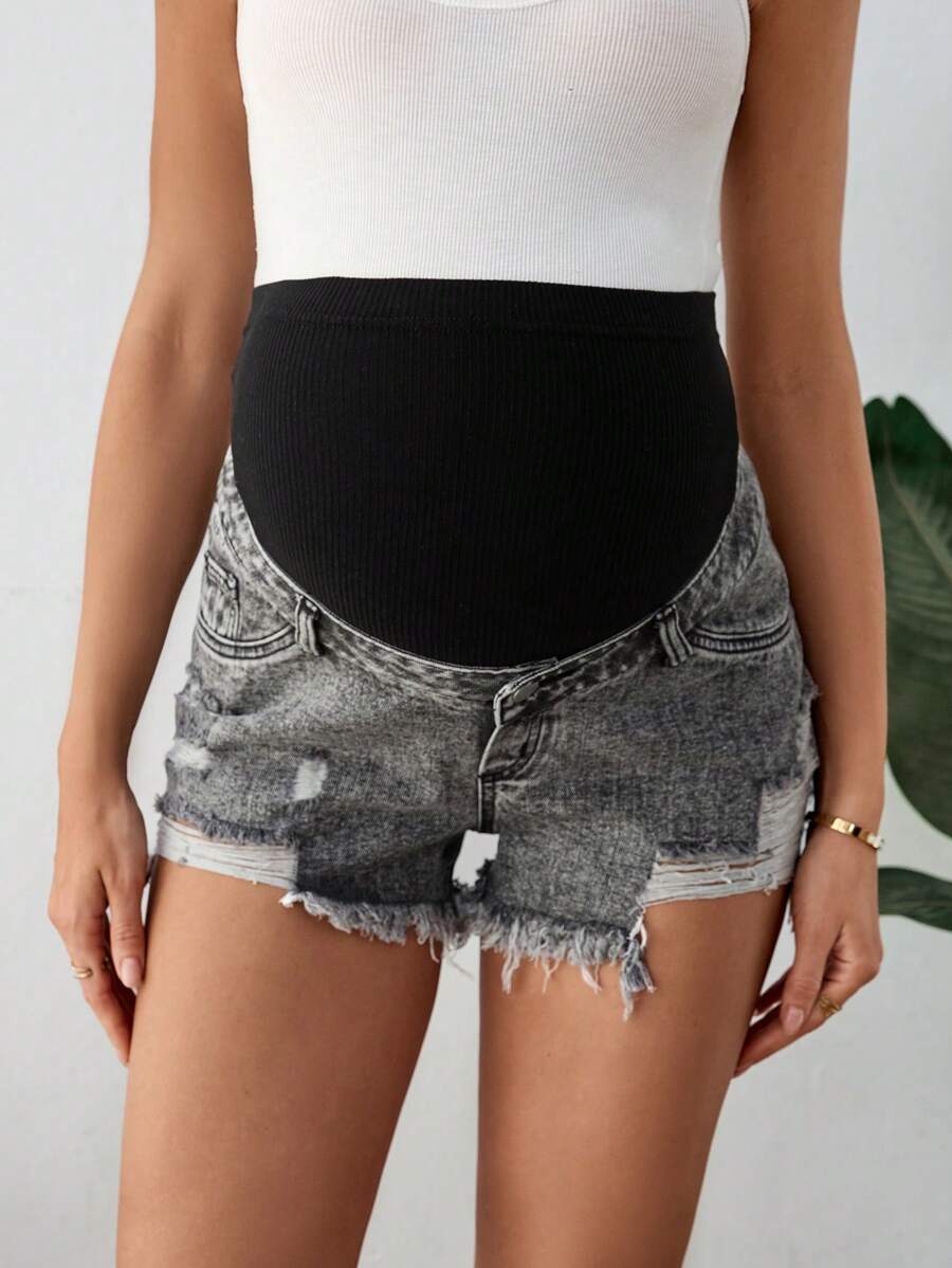 SHEIN Maternity Ripped Frayed Edge Casual Versatile Denim Shorts