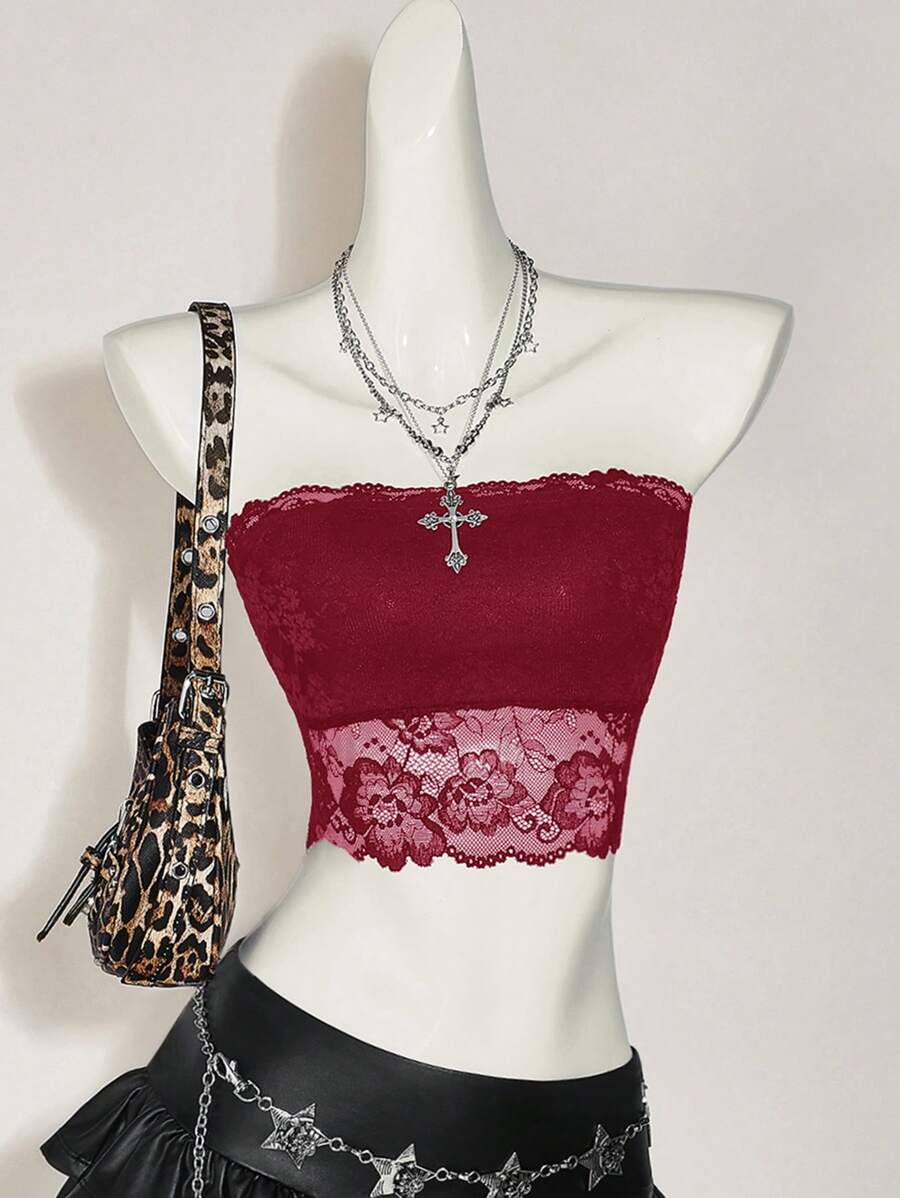 SHEIN ICON Áo Bandeau ren gợi cảm - Màu Đỏ Sâu - Xem 1