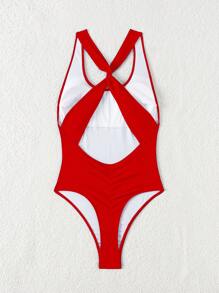 Swim SXY 女士夏季沙滩装 - 无袖、露背、扭结、褶饰连体泳衣，性感纯色 - 紅色 - 查看 2