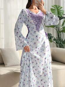 Al Najma V-Neck Arabic Style Colorblock Floral Print Flared Sleeve Dress, Spring/Summer - Purple - View 4