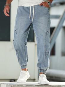 Manfinity LEGND Pantalones vaqueros informales para hombre con cintura ajustable con cordón y pierna entallada