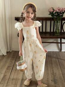 LMoss Kids LMoss  Young Girl Woven Solid Color Ruffled Collar Fitted Jumpsuit - Multicolor - View 3