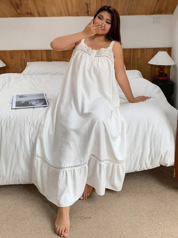 Dazy Plus Plus Size Contrast Lace White Spaghetti Strap Nightgown ,Vacation