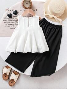 Conjunto de top de tirantes acampanado con parches y moño y pantalones de pierna ancha para niñas pequeñas, conjunto informal y lindo de estilo coreano para el verano