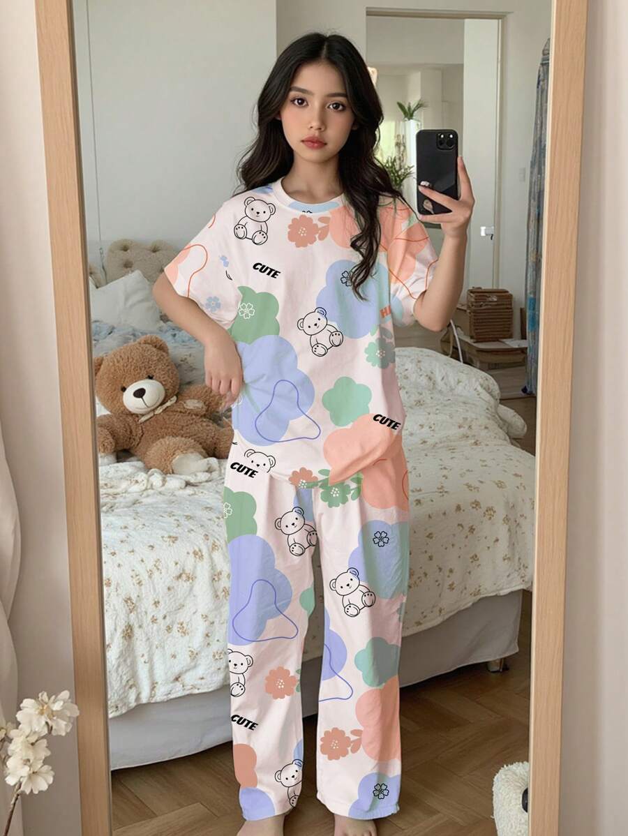 SHEIN Leap Crew Tween Girls Casual Simple Round Neck Short Sleeve Lounge Set, Suitable For Summer - Multicolor - View 1