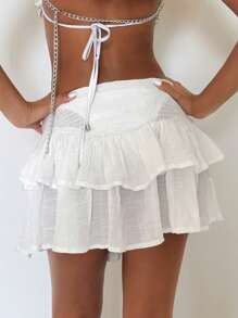 EgrlEra Women White Ruffled Hem Vacation Beach Cover-Up Skirt For Summer - White - View 2
