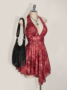 SHEIN ICON Plus Size Halter V-Neck Knitted Mesh Paisley Print Dress, Asymmetric Hem Halter Backless Tie Dress, Y2K, Summer Vacation, Boho Chic,Club Outfits Women Sexy