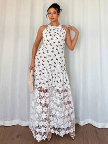 Islaluna Women's Elegant Floral Print Patchwork Ruffle Hem Dress, Summer