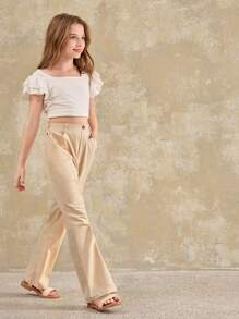 Ontre 青少年女孩休闲百搭简约纯色喇叭裤 - 杏色 - 查看 5