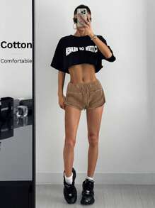 SHEIN EZwear Coffee Brown Washed Women's Skinny Shorts Brown Shorts Lounge Shorts Comfy Shorts,High Waisted Shorts - Coffee Brown - View 3
