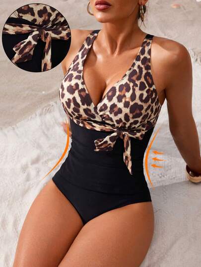 Swim Lushoire Set de 2 piezas de bikini para mujer con Top con relleno y agarrador, y shorts con estampado de leopardo y lazo decorativo. Elegante conjunto casual para primavera/verano, fiestas en la playa y vacaciones