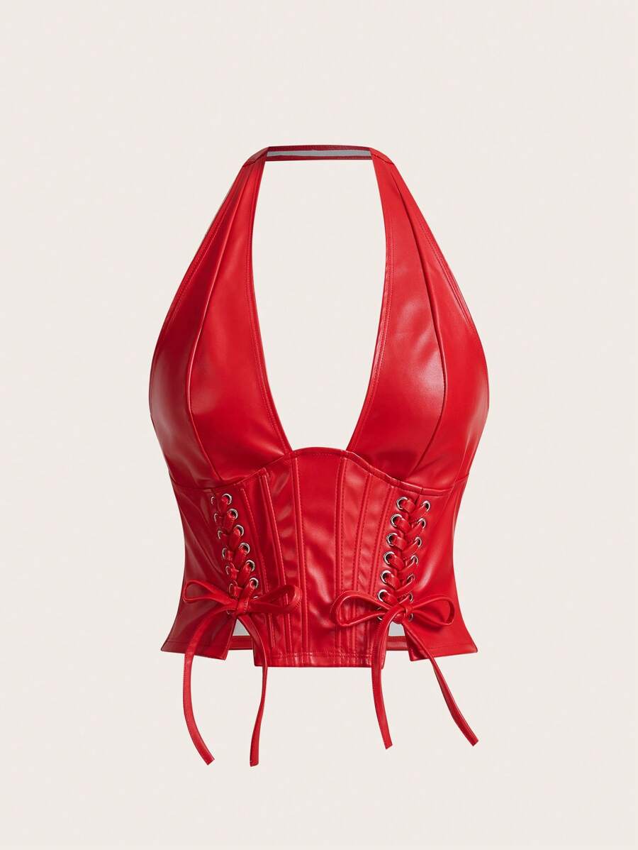 SHEIN ICON 女式纯色简约休闲 PU 皮革露背领扣眼装饰系带背心 Y2K 外出酒红色 V 领露肩上衣 - 紅色 - 查看 1