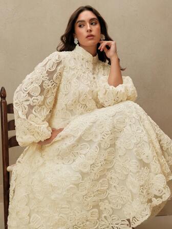 Anewsta Plus Size Elegant Romantic 3D Ditsy Floral A-Line Long Sleeve Dress For Women, Spring/Summer