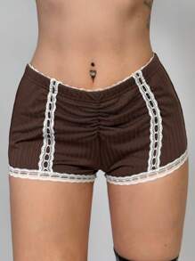 EgrlEra Pantalones cortos casuales de verano con parches de encaje y recogidos para mujer - Café integral - Ver 3