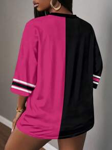 Slaydiva V-Neck Letter & Number Graphic Plus Size T-Shirt For Women, Casual & Simple Design, Suitable For Summer Suitable For Going Out - Multicolor - View 2